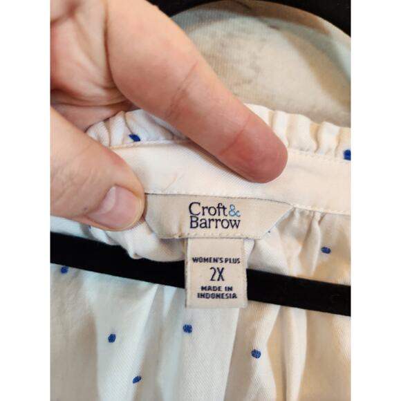 Croft & Barrow Women's White‎ Blue Polka Dot Cotton V-Neck Long Sleeve Blouse 2X - Picture 3 of 6